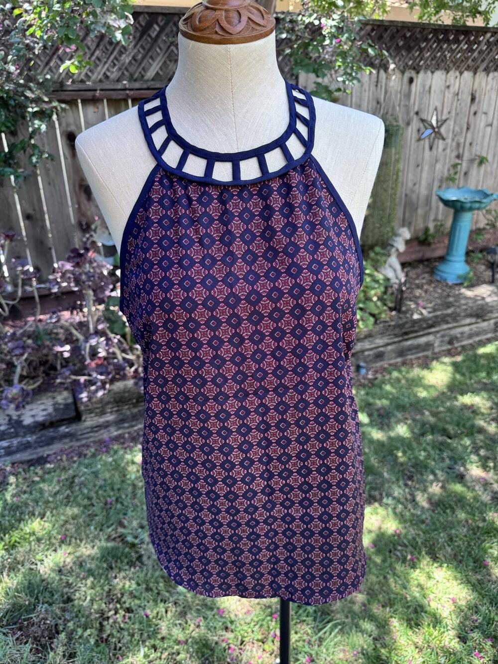 Monteau Halter Neck Cutout Blouse Tank Top Women's L Navy Red White